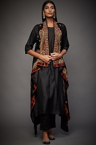 Black Hand Embroidered Cape With Kurta Set by Ri Ritu Kumar