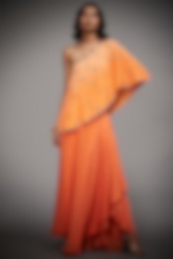 Orange Hand Embroidered Cape With Skirt Set by Ri Ritu Kumar