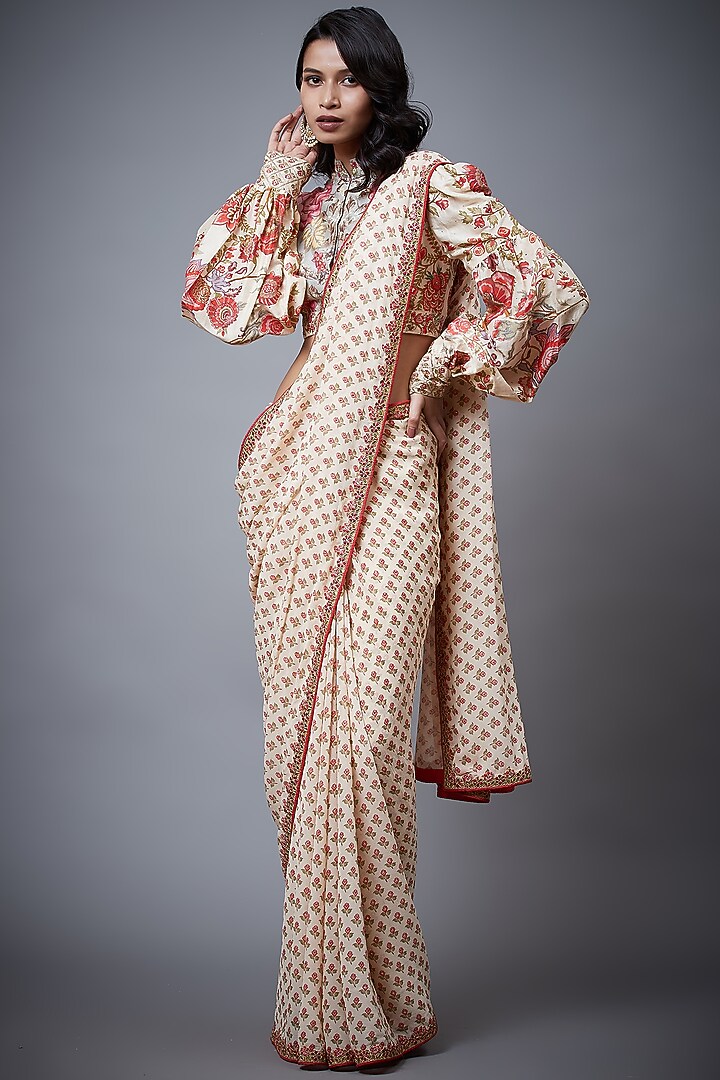 Cream Embroidered & Printed Wedding Saree Set by Ri Ritu Kumar at Pernia's Pop Up Shop