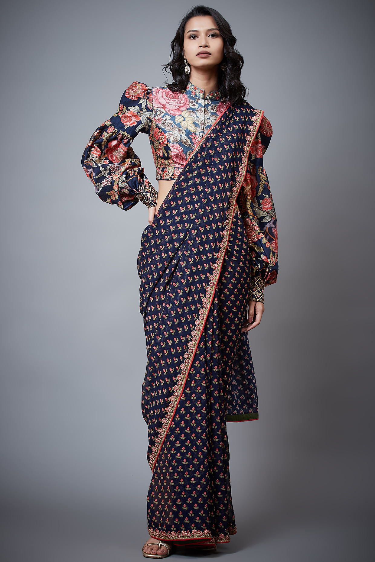 Navy Embroidered & Printed Wedding Saree Set by Ri Ritu Kumar at Pernia's Pop Up Shop