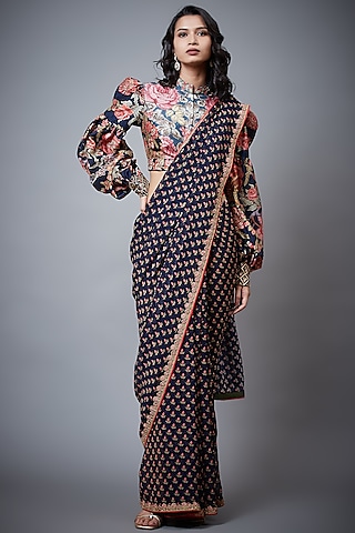 Navy Embroidered & Printed Saree Set by Ri Ritu Kumar