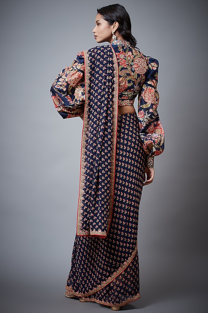 Navy Embroidered & Printed Wedding Saree Set by Ri Ritu Kumar at Pernia's Pop Up Shop