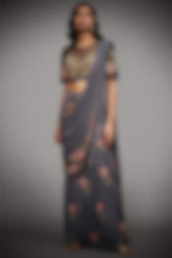 Charcoal Grey Printed Draped Saree Set by Ri Ritu Kumar