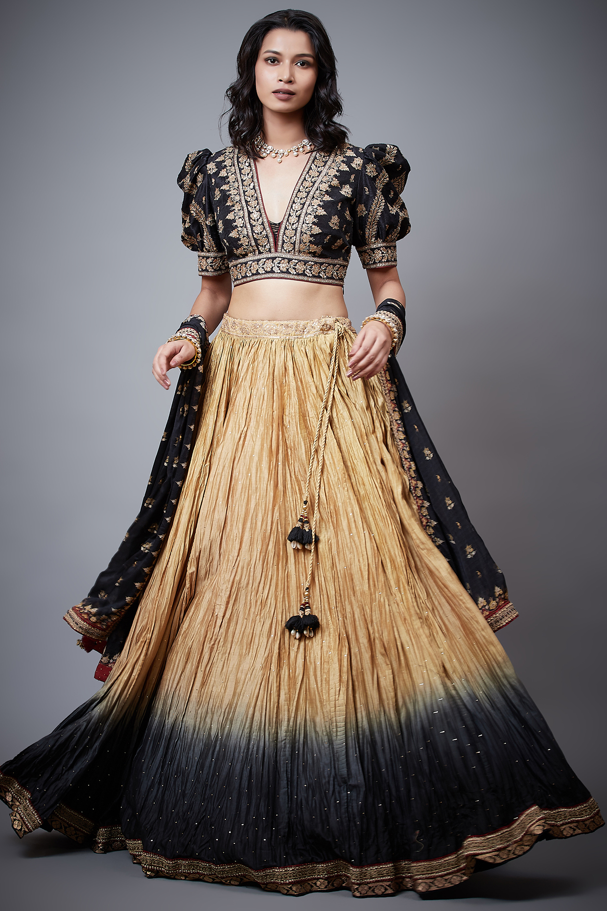 Multi Colored Silk Printed Crushed Lehenga Choli