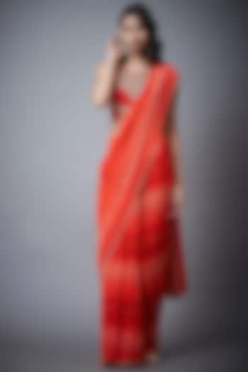 Red Viscose Geometric Printed & Embroidered Saree Set by Ri Ritu Kumar