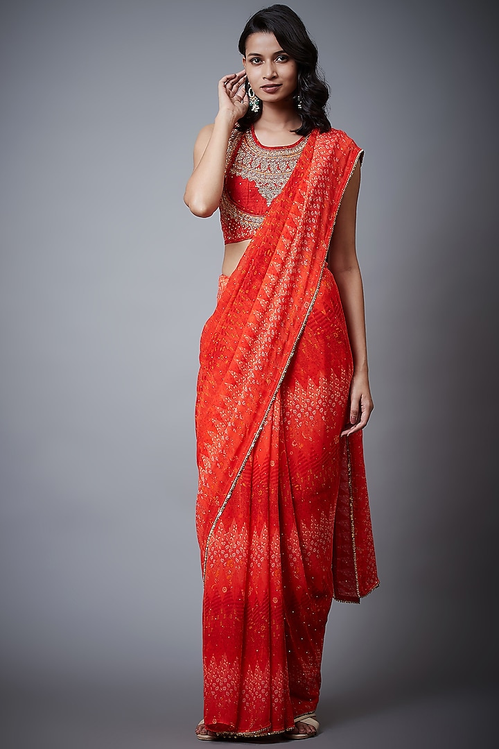 Red Viscose Geometric Printed & Embroidered Saree Set by Ri Ritu Kumar