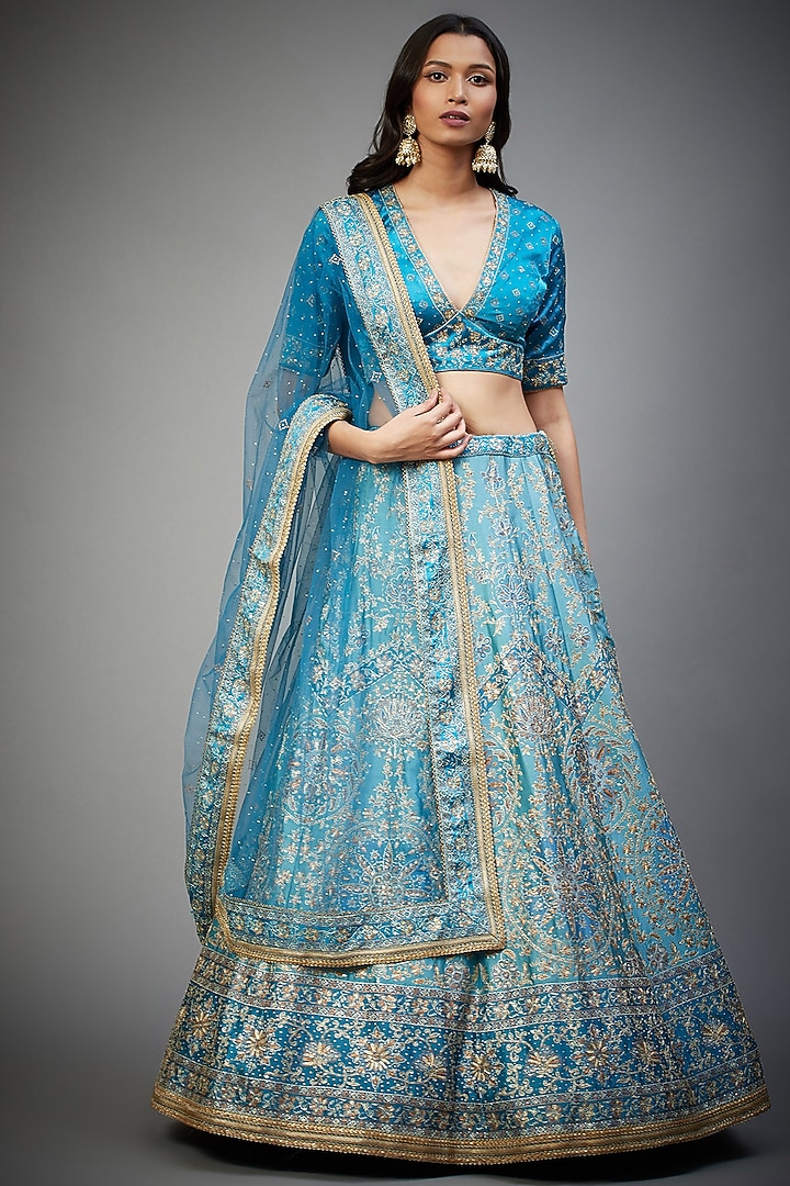 Turquoise Hand Embroidered Bridal Lehenga Set by Ri Ritu Kumar at Pernia's Pop Up Shop