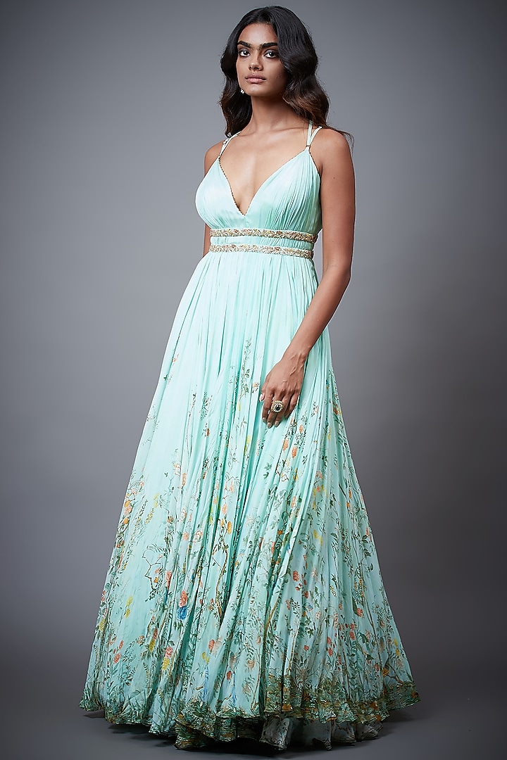 Aqua Blue Tropical Printed Gown by Ri Ritu Kumar