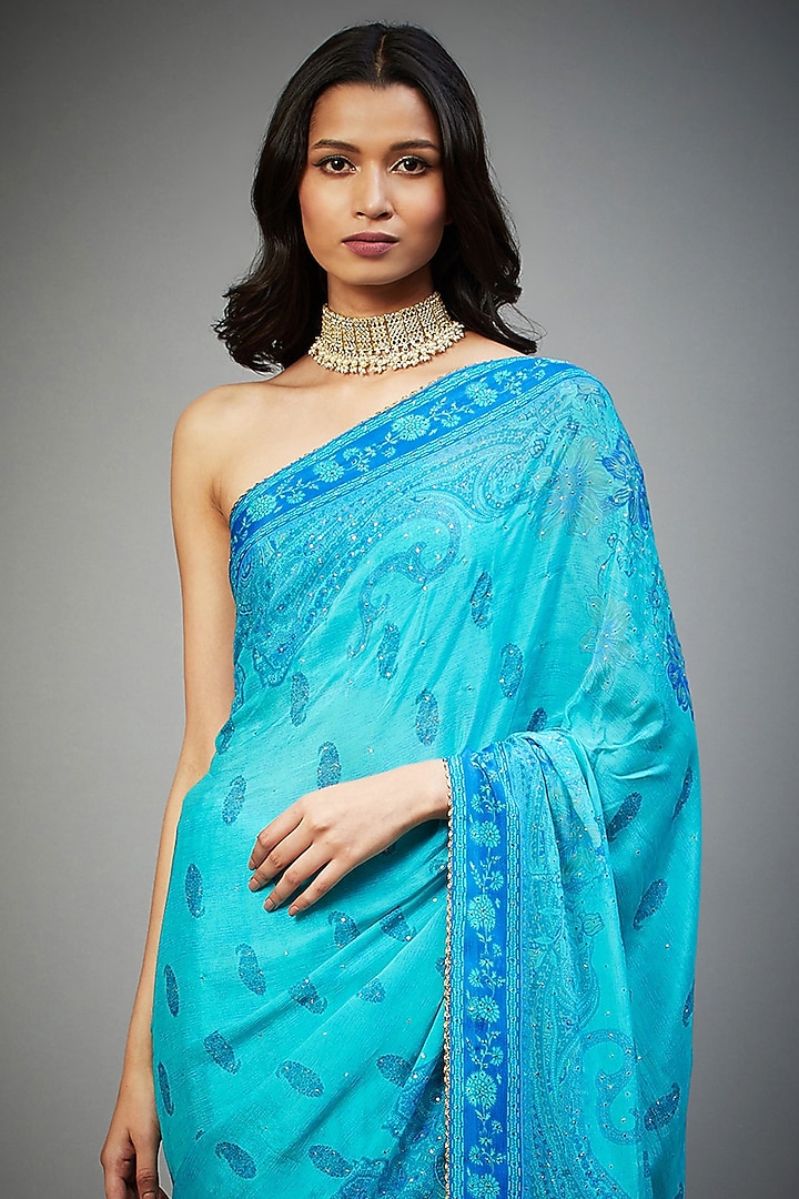 Turquoise Viscose Hand Embroidered Party Wear Saree Set by Ri Ritu Kumar at Pernia's Pop Up Shop