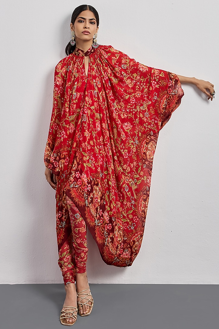 Red Burgundy Viscose Chinon Printed Kurta Set by Ri Ritu Kumar at Pernia's Pop Up Shop