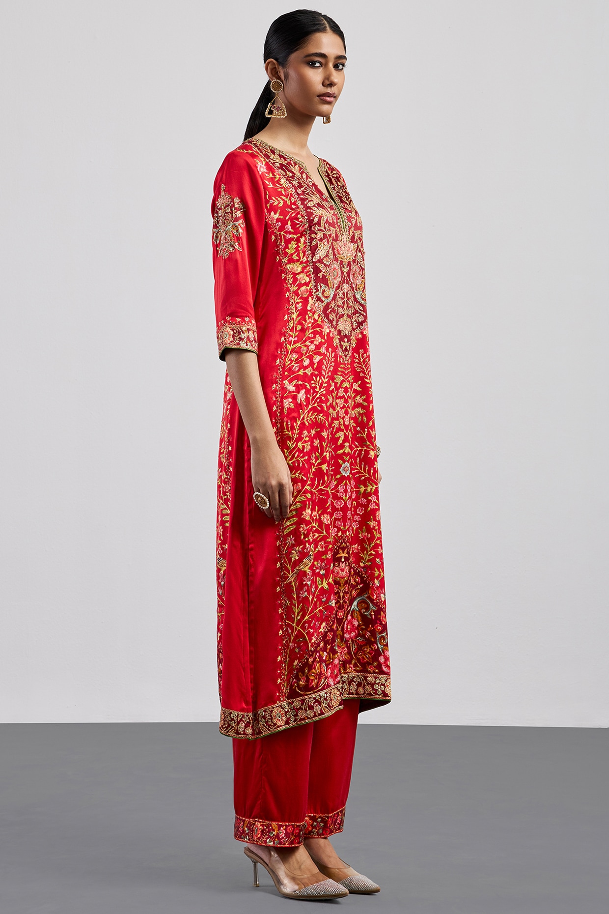 Ri Ritu Kumar Red Burgundy Silk Satin Printed Kurta Set