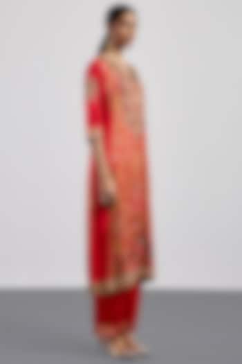 Red Burgundy Silk Satin Printed Kurta Set by Ri Ritu Kumar at Pernia's Pop Up Shop