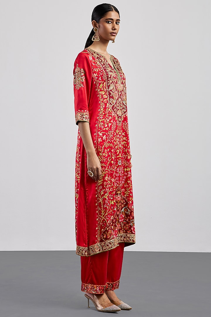 Red Burgundy Silk Satin Printed Kurta Set by Ri Ritu Kumar at Pernia's Pop Up Shop