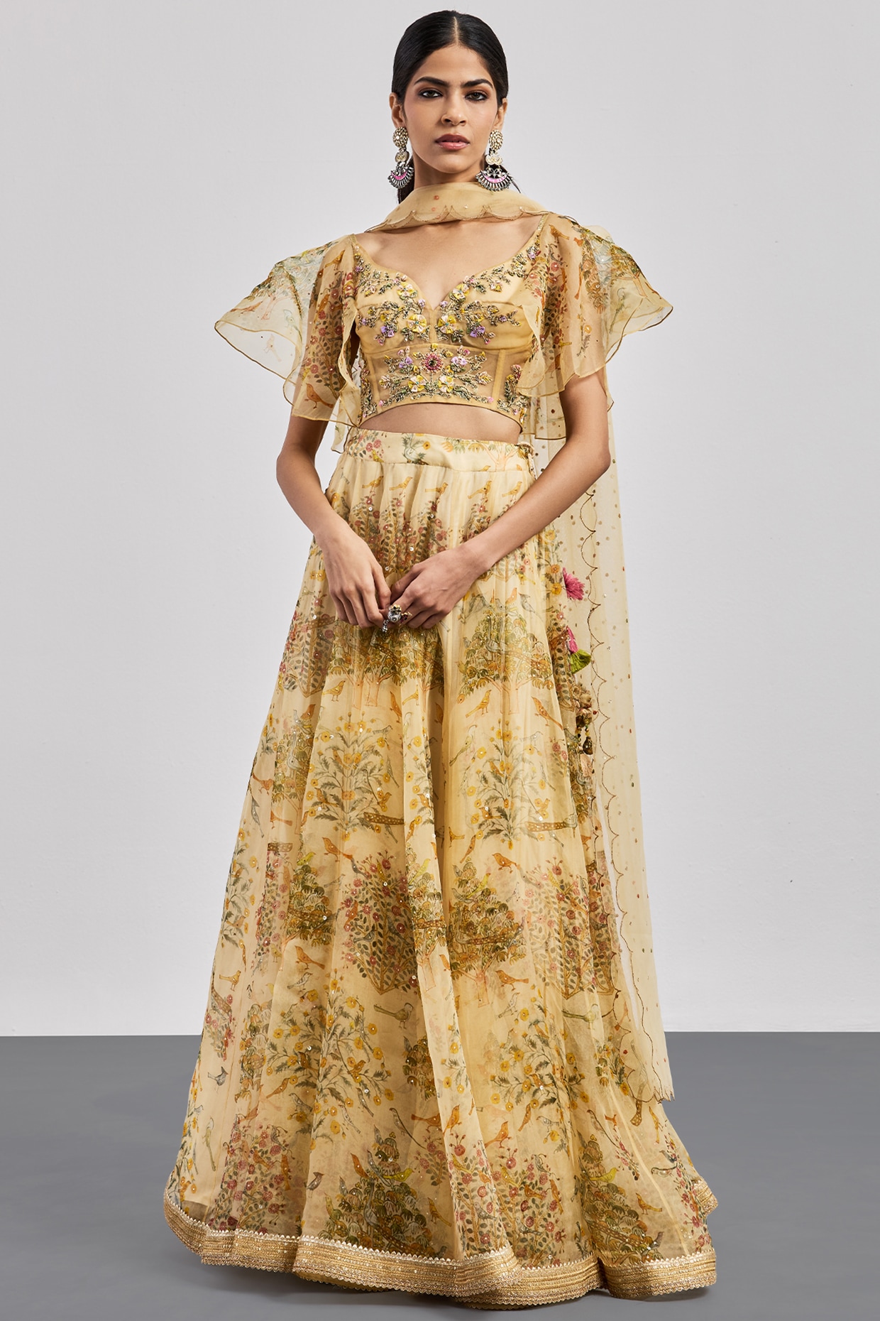 Ri Ritu Kumar Beige Silk Organza Printed & Embroidered Lehenga Set