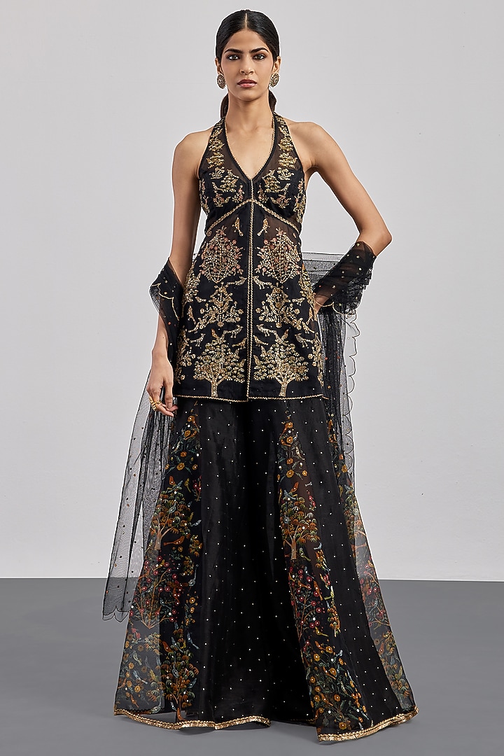 Black Silk Chanderi Gharara Set by Ri Ritu Kumar at Pernia's Pop Up Shop