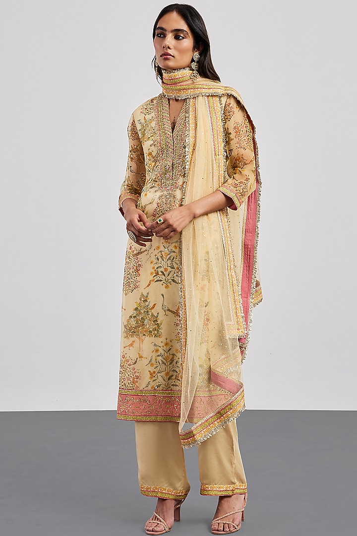 Beige Silk Organza Printed Kurta Set by Ri Ritu Kumar at Pernia's Pop Up Shop