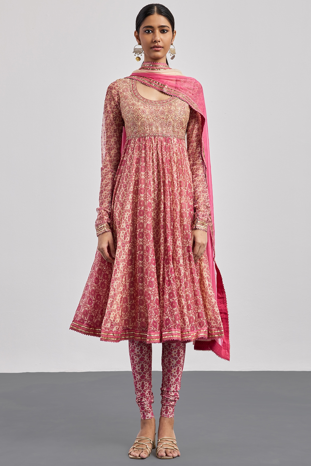 Ri Ritu Kumar Pink Silk Chanderi Printed Kurta Set