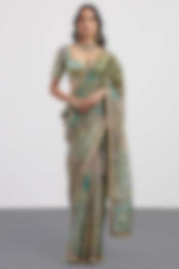 Turquoise Silk Organza Printed & Embroidered Bridal Saree Set by Ri Ritu Kumar at Pernia's Pop Up Shop