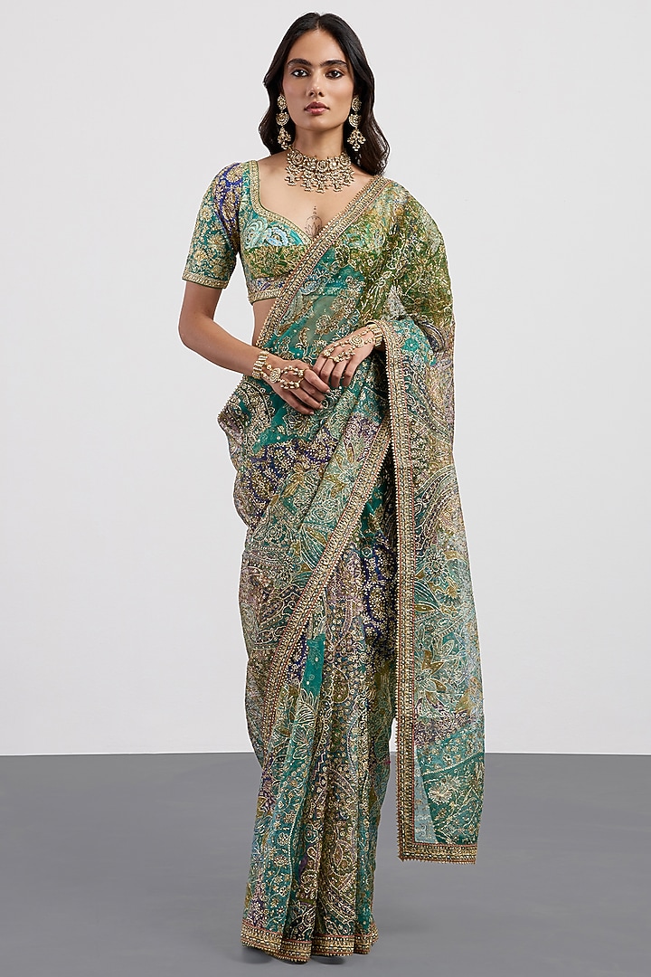 Turquoise Silk Organza Printed & Embroidered Bridal Saree Set by Ri Ritu Kumar at Pernia's Pop Up Shop