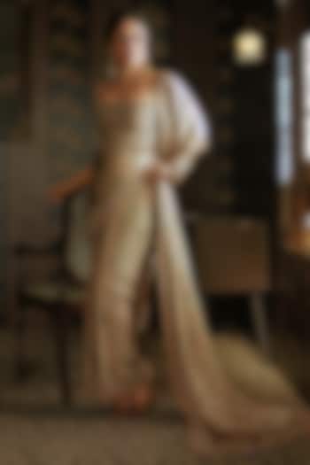 Beige Gold Silk Satin Off-Shoulder Bridal Gown by Ri Ritu Kumar at Pernia's Pop Up Shop