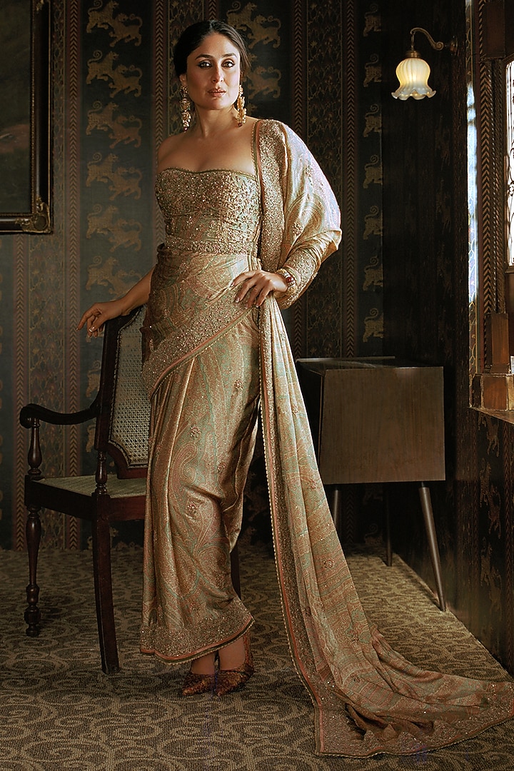 Beige Gold Silk Satin Off-Shoulder Bridal Gown by Ri Ritu Kumar at Pernia's Pop Up Shop