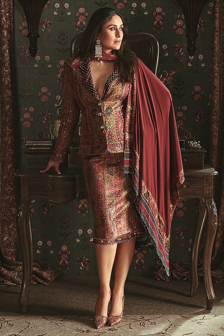 Red Silk Satin Skirt Set by Ri Ritu Kumar at Pernia's Pop Up Shop