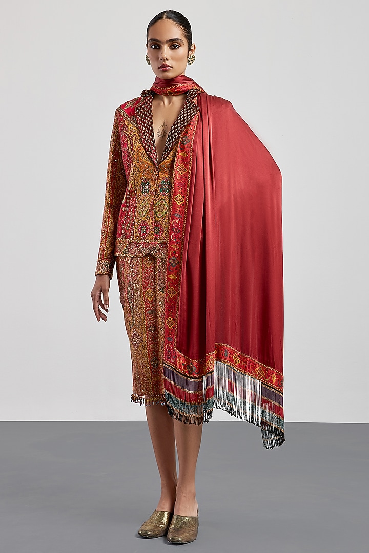 Red Silk Satin Skirt Set by Ri Ritu Kumar at Pernia's Pop Up Shop
