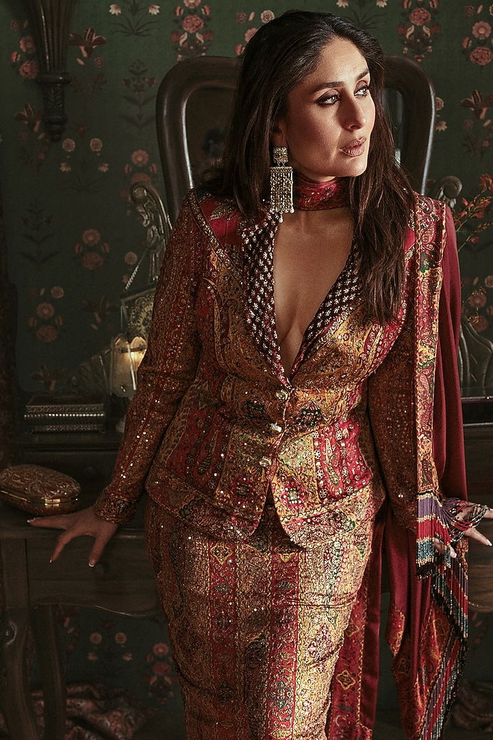 Red Silk Satin Skirt Set by Ri Ritu Kumar at Pernia's Pop Up Shop