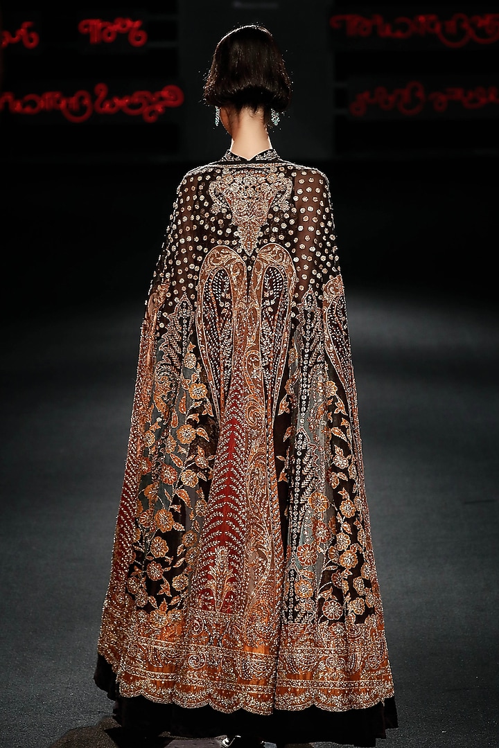 Black & Rust Silk Party Wear Dress With Cape by Ri Ritu Kumar at Pernia's Pop Up Shop