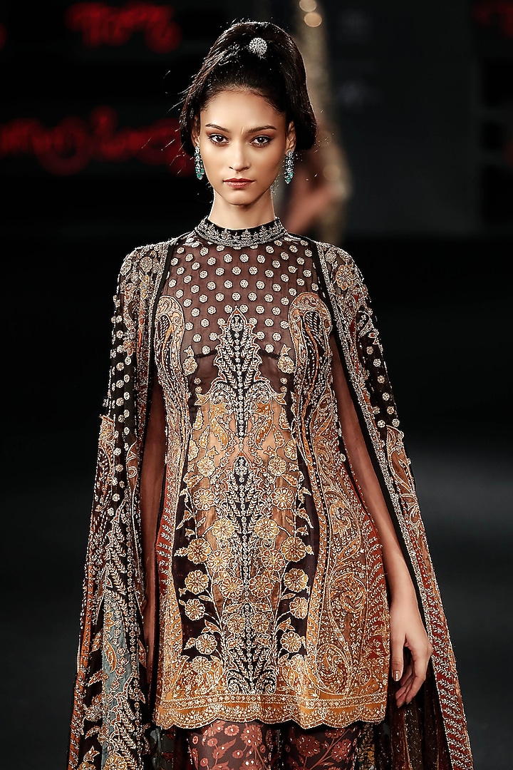 Black & Rust Silk Party Wear Dress With Cape by Ri Ritu Kumar at Pernia's Pop Up Shop