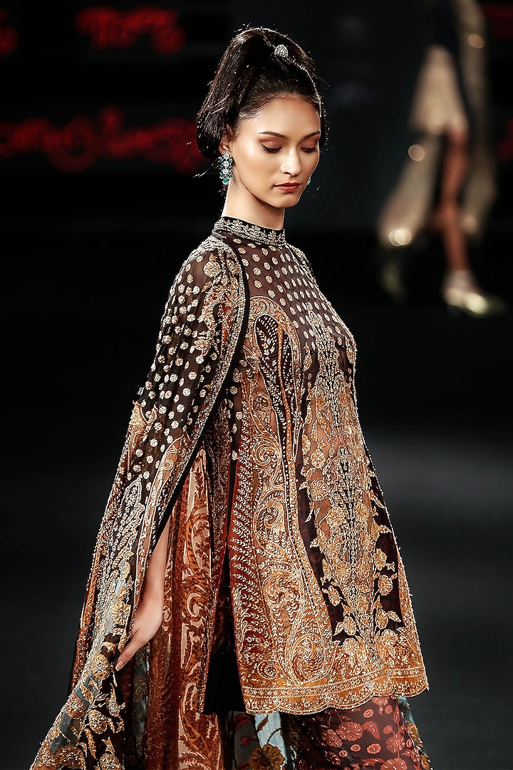 Black & Rust Silk Party Wear Dress With Cape by Ri Ritu Kumar at Pernia's Pop Up Shop