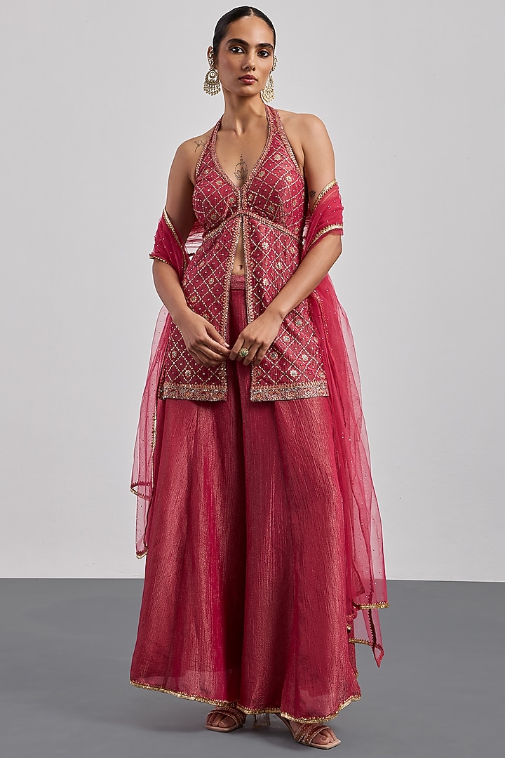 Pink Viscose Crushed Tissue Embroidered Kurta Set by Ri Ritu Kumar at Pernia's Pop Up Shop