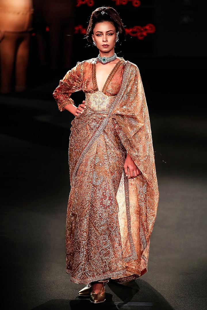 Peach Silk Patch Work Bridal Saree Set by Ri Ritu Kumar at Pernia's Pop Up Shop
