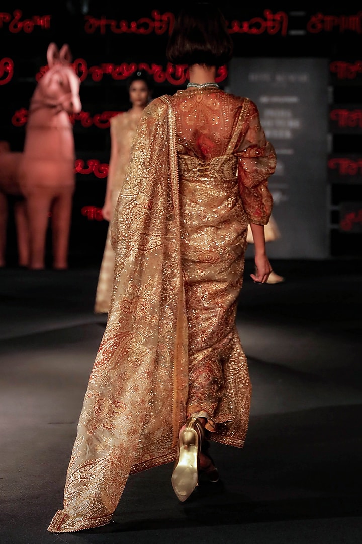Peach Silk Patch Work Bridal Saree Set by Ri Ritu Kumar at Pernia's Pop Up Shop