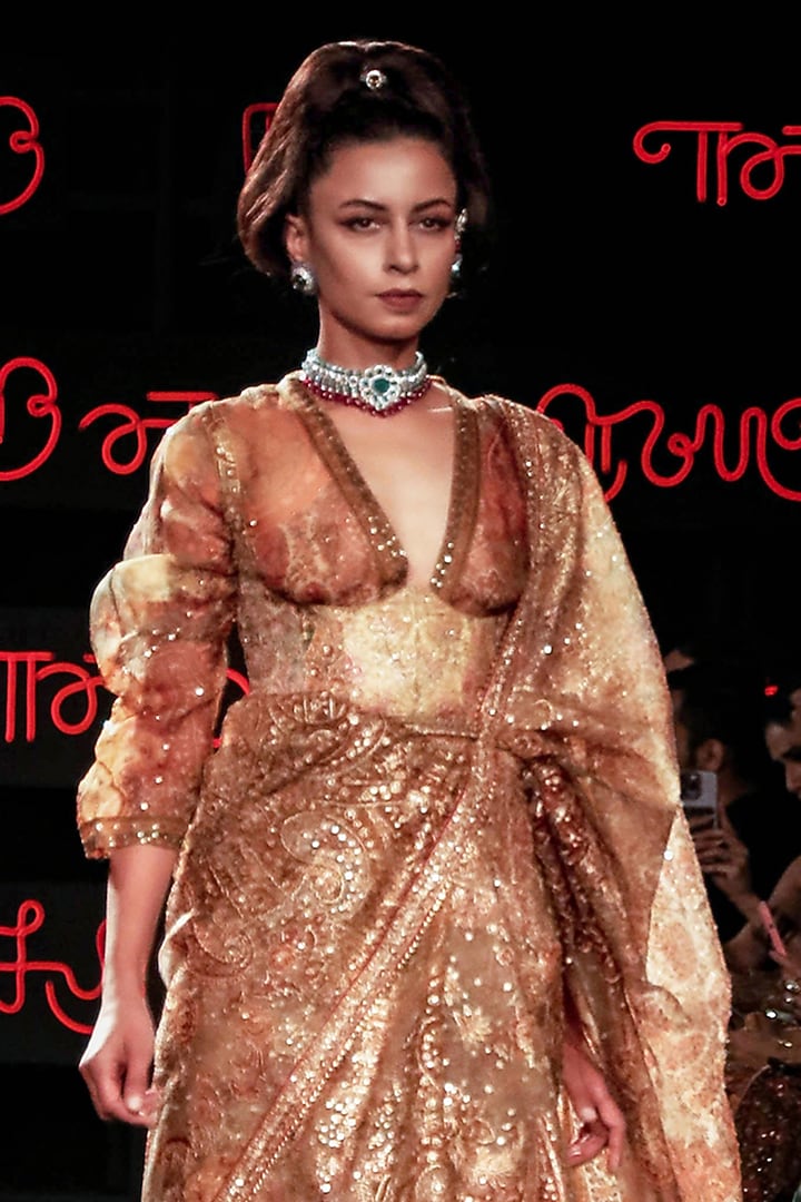 Peach Silk Patch Work Bridal Saree Set by Ri Ritu Kumar at Pernia's Pop Up Shop