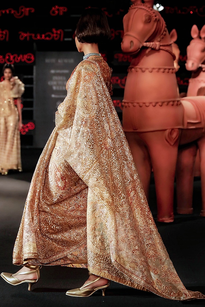 Peach Silk Patch Work Bridal Saree Set by Ri Ritu Kumar at Pernia's Pop Up Shop