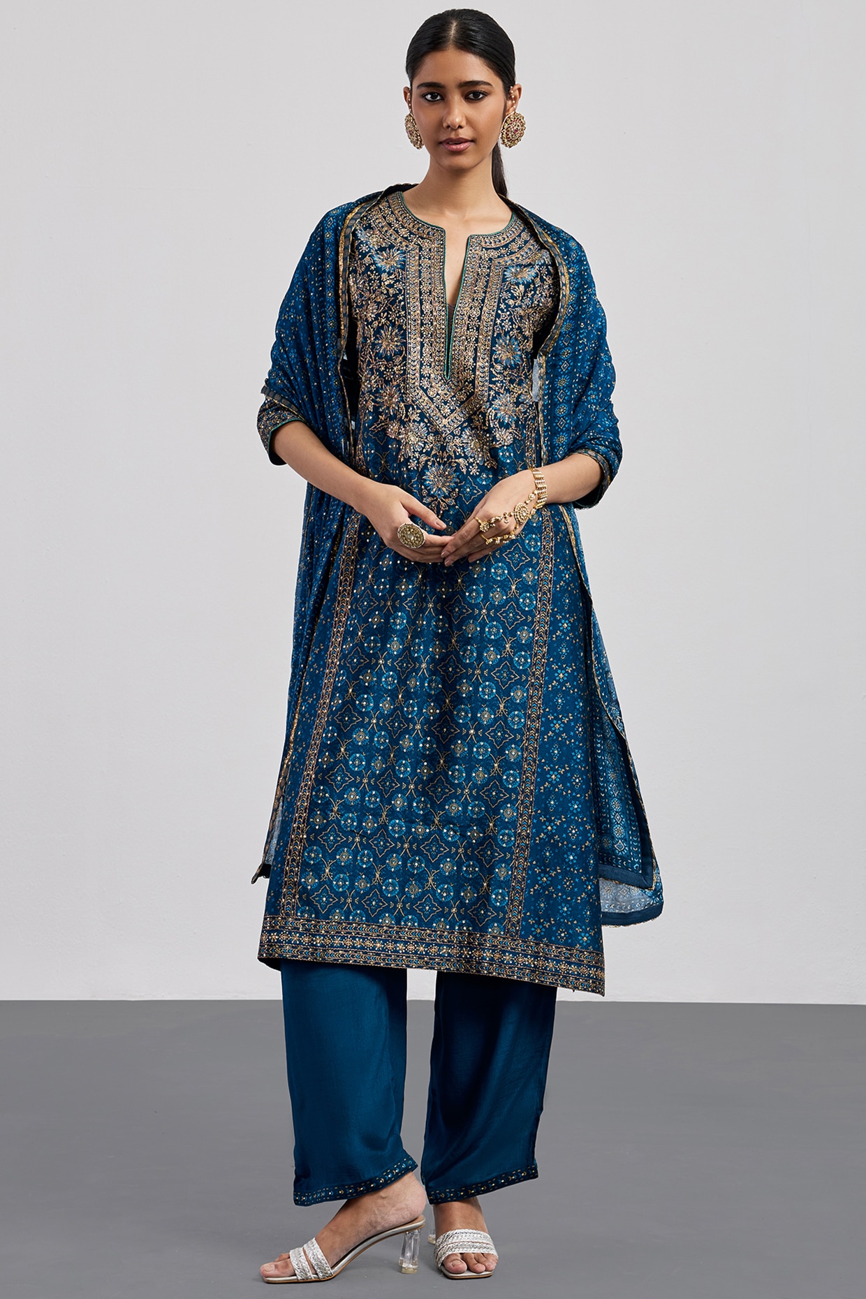 Ri Ritu Kumar Indigo Blue Chanderi Printed Kurta Set