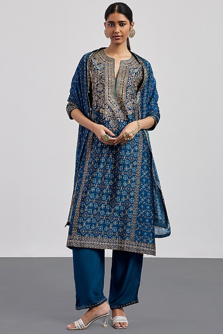 Indigo Blue Chanderi Printed Kurta Set by Ri Ritu Kumar at Pernia's Pop Up Shop