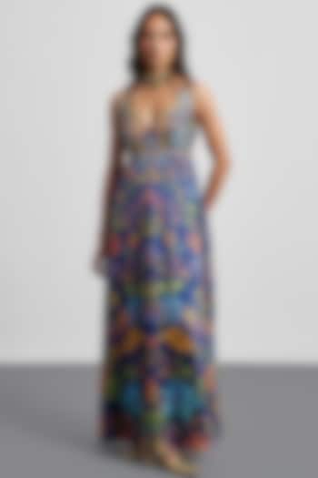Blue Silk Satin Printed Maxi Party Wear Dress by Ri Ritu Kumar at Pernia's Pop Up Shop