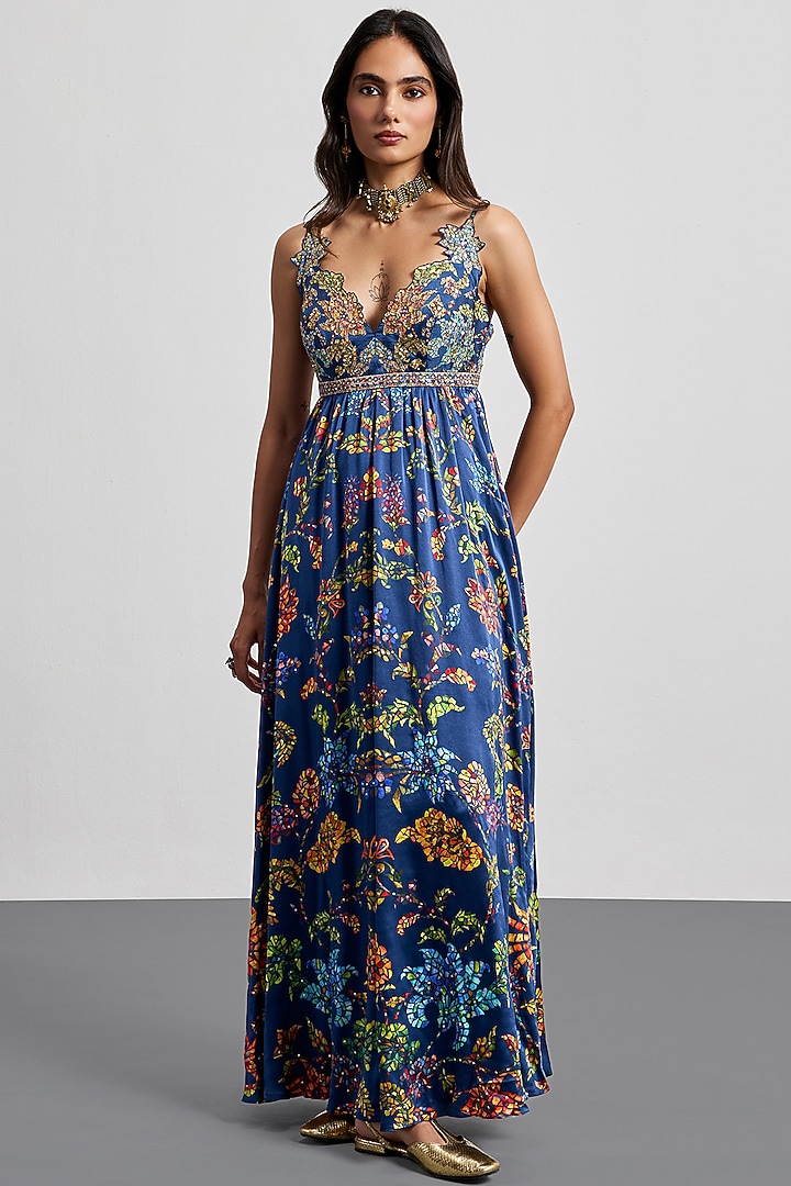 Blue Silk Satin Printed Maxi Party Wear Dress by Ri Ritu Kumar at Pernia's Pop Up Shop
