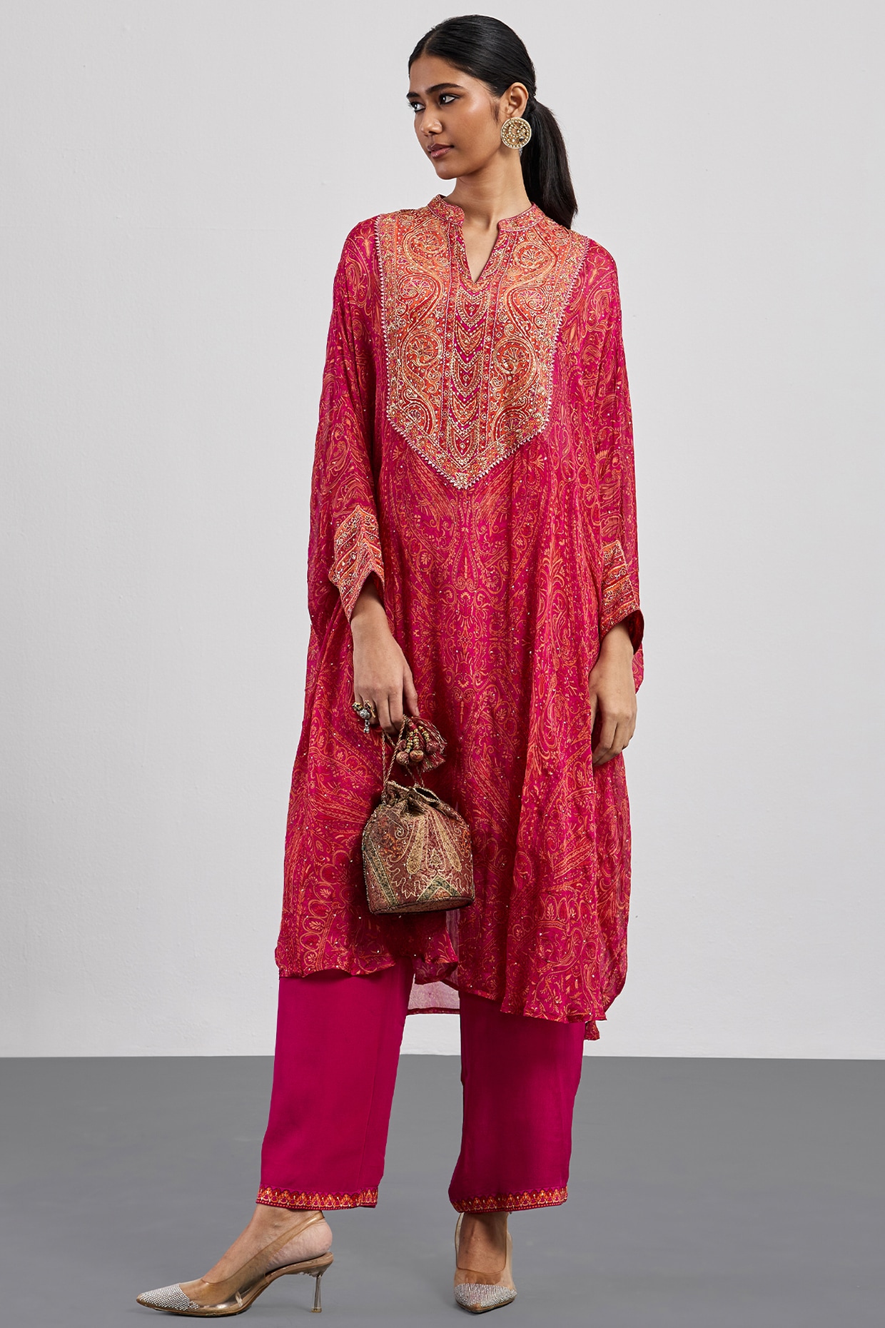 Ri Ritu Kumar Fuchsia Viscose Chinon Printed Kaftan Set