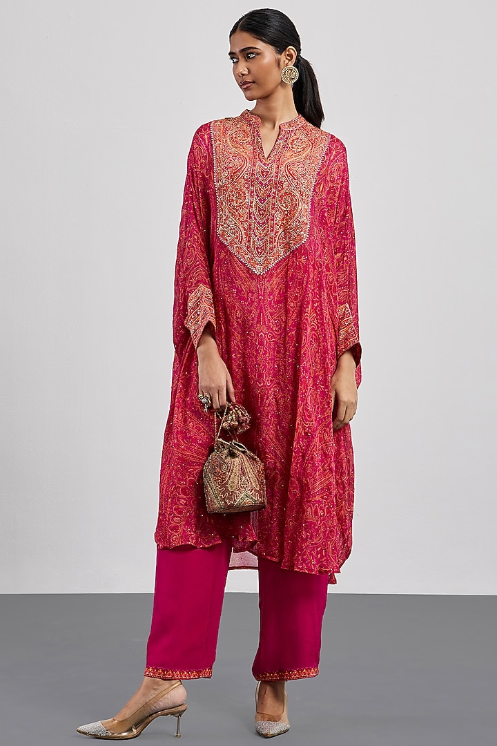 Fuchsia Viscose Chinon Printed Kaftan Set by Ri Ritu Kumar at Pernia's Pop Up Shop