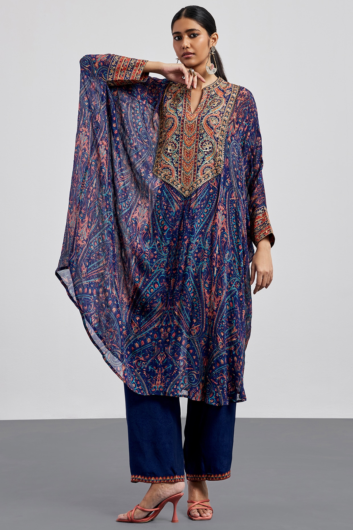 Ri Ritu Kumar Blue Viscose Chinon Printed Kaftan Set