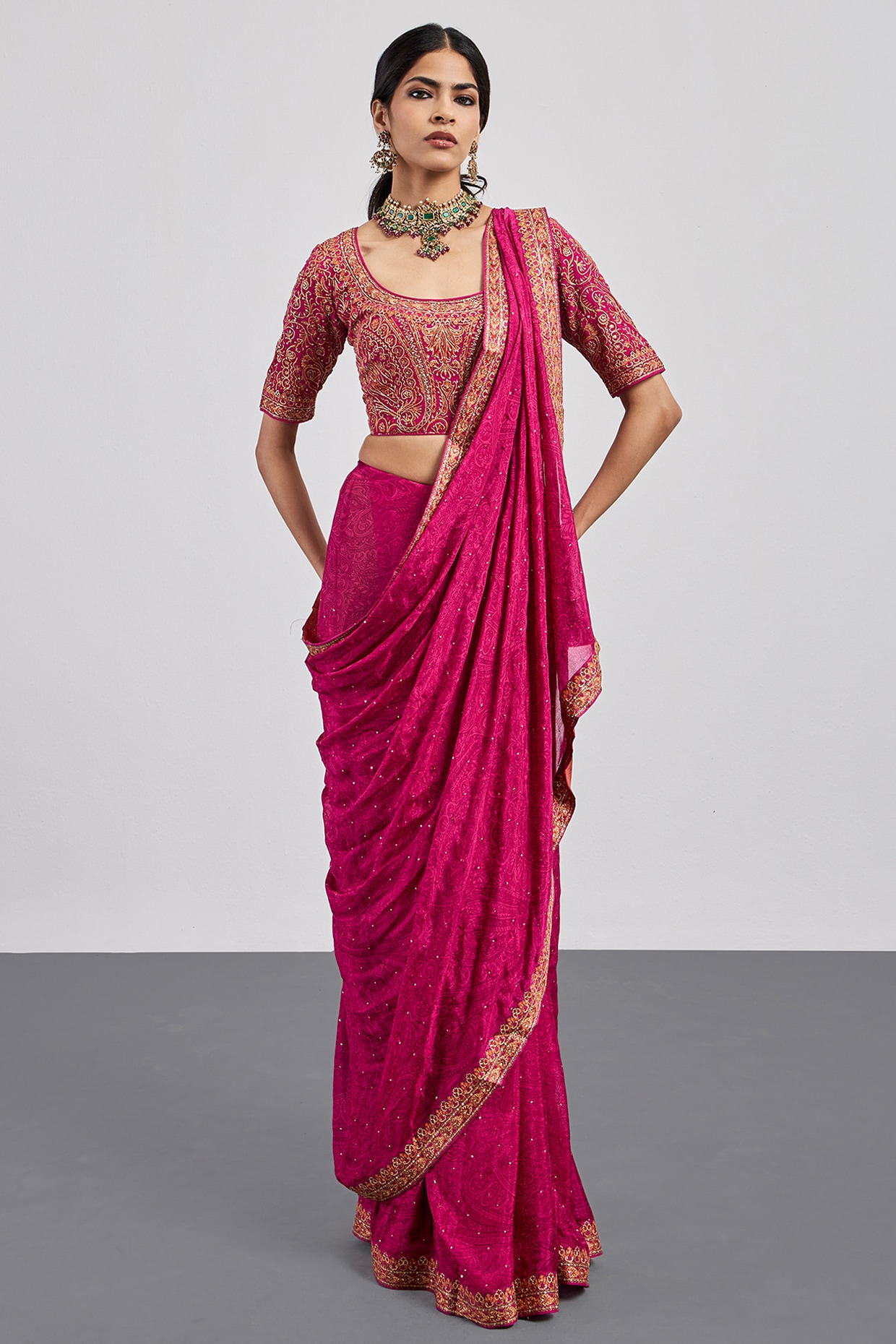 Ri Ritu Kumar Fuchsia Viscose Chinon Embroidered Saree Set