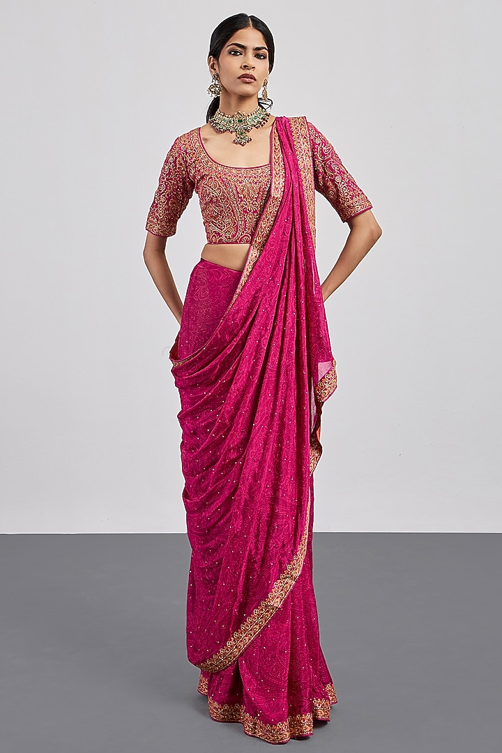 Fuchsia Viscose Chinon Embroidered Wedding Saree Set by Ri Ritu Kumar at Pernia's Pop Up Shop