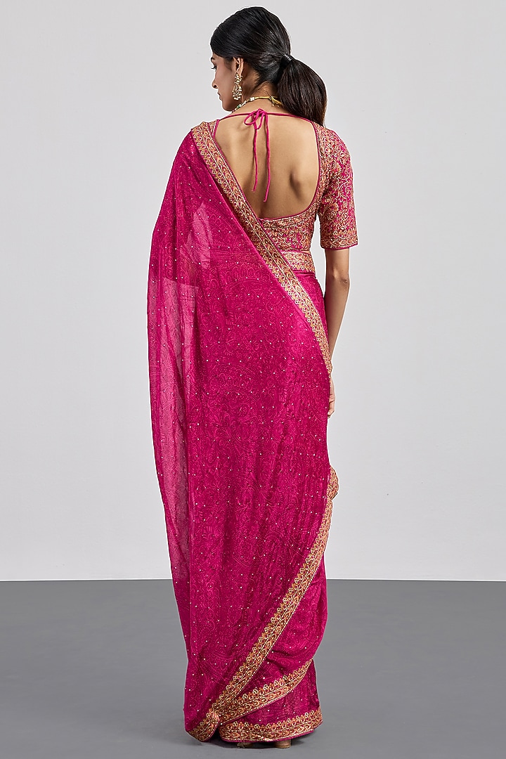 Fuchsia Viscose Chinon Embroidered Wedding Saree Set by Ri Ritu Kumar at Pernia's Pop Up Shop