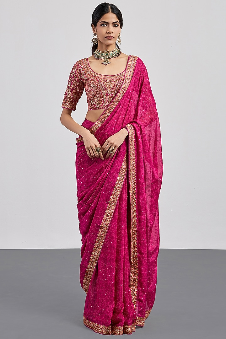 Fuchsia Viscose Chinon Embroidered Wedding Saree Set by Ri Ritu Kumar at Pernia's Pop Up Shop