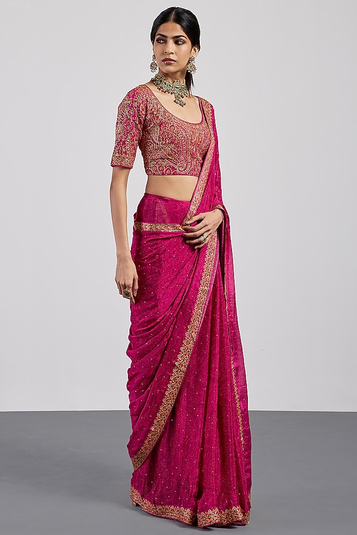 Fuchsia Viscose Chinon Embroidered Wedding Saree Set by Ri Ritu Kumar at Pernia's Pop Up Shop
