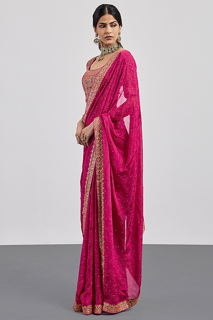 Fuchsia Viscose Chinon Embroidered Wedding Saree Set by Ri Ritu Kumar at Pernia's Pop Up Shop
