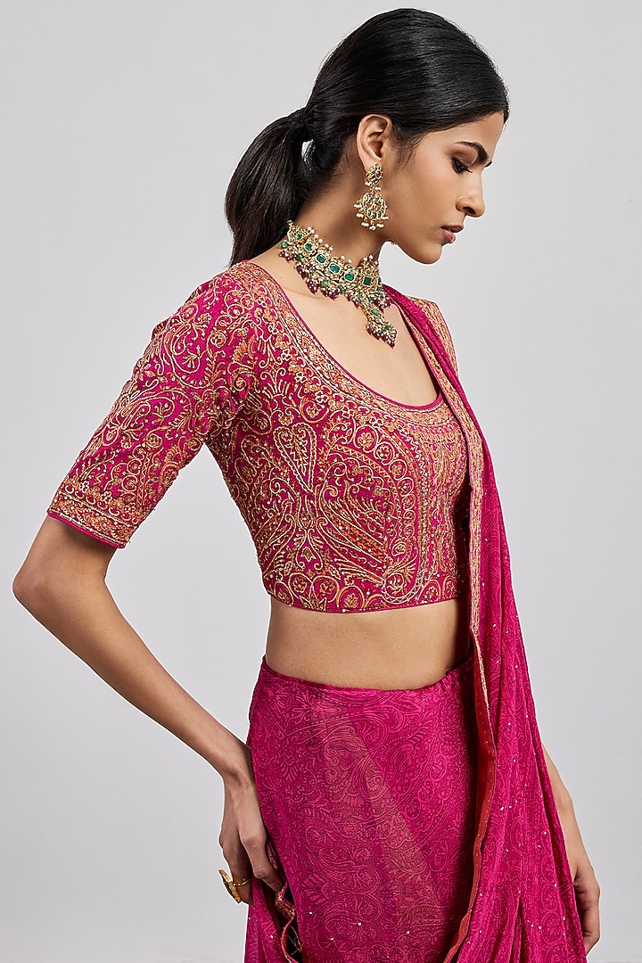 Fuchsia Viscose Chinon Embroidered Wedding Saree Set by Ri Ritu Kumar at Pernia's Pop Up Shop
